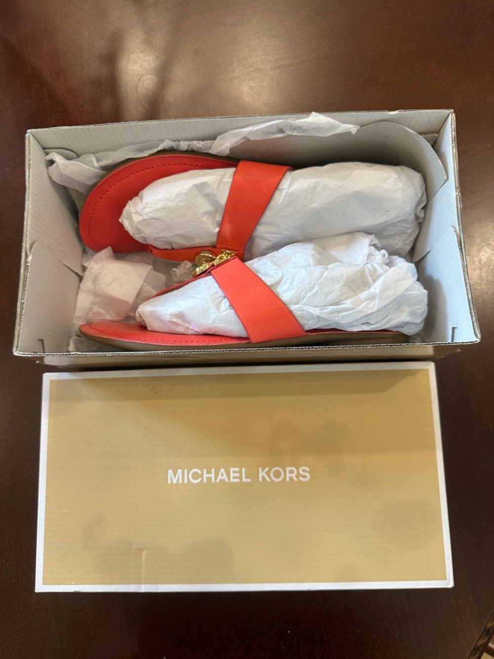 Michael Kors Coral Orange Slide Sandals with Gold Logo
